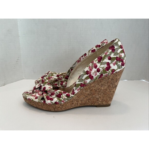 H&M Cork Wedge High Heels Canvas Cherries Peep Toe Size 8 - Picture 2 of 11